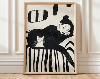 May include: Black and white illustration of a woman sleeping with a cat on a striped bed. The woman is wearing a black sweater and has her head resting on her arm. The cat is white and is curled up on the woman's leg.