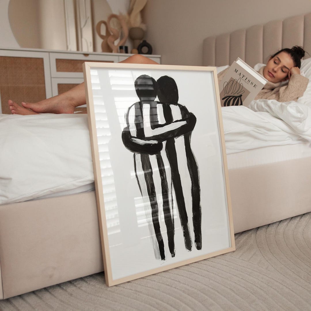Abstract Hugging Figures Art Print: Minimalist Black and White (digital ...
