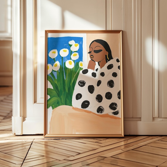 Floral Woman Portrait Print: Polka Dot Art, Blue Green Decor (Digital Download)