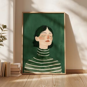 Arte de parede grande abstrata verde esmeralda, arte contemporânea, impressão minimalista, arte de parede para sala de estar, impressão de mulher listrada, download digital