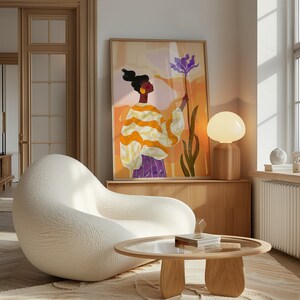 Orange Purple Abstract People Art, Wall Decor Mid Century Art, Minimalist Print Modern, Abstract Art Living Room, Female Figure Wall Decor