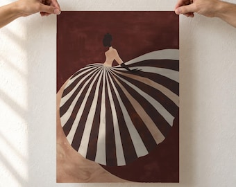 Elegant Ballgown Silhouette Art Print, Striped Dress Woman, Burgundy and Cream Fashion Poster, Feminine Wall Art, Unframed