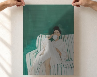 Emerald Green Woman With Coffee Art Print, Cozy Morning Painting, Striped Sofa Wall Art, Coffee Lover Gift, Unframed Poster