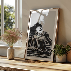 Daydream Reverie: Striped Elegance - Black & White Digital Portrait, Expressive Wall Art, Modern Art, Abstract Wall Art, Digital download.