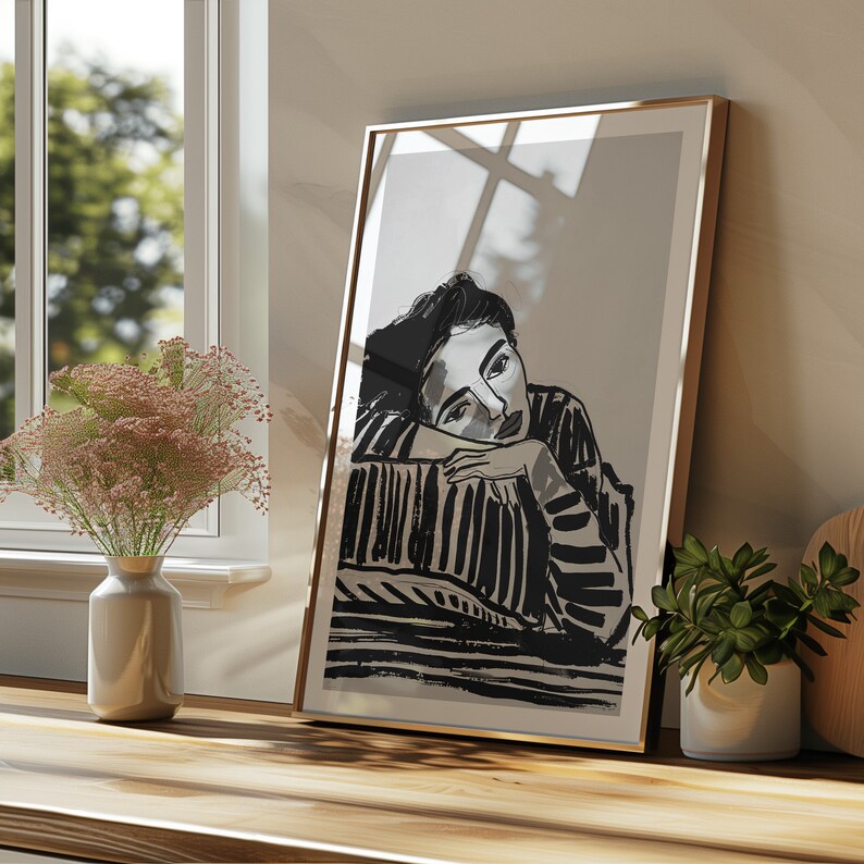Daydream Reverie: Striped Elegance - Black & White Digital Portrait, Expressive Wall Art, Modern Art, Abstract Wall Art, Digital download.