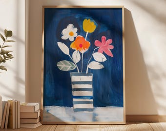 May include: A framed painting of a blue vase with white stripes filled with colourful flowers. The flowers are yellow, orange, pink, and white. The background is a dark blue.