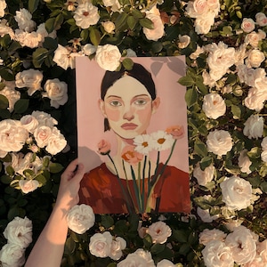 Floral Woman Portrait Print: Pink Wall Art (Digital Download)