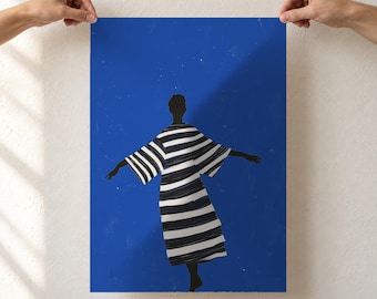 Cobalt Blue Abstract Woman Art Print, Dancing Figure in Striped Dress, Nordic Minimalist Wall Art, Unframed Matte Poster