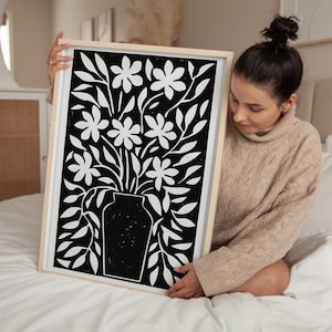 Arte imprimible en blanco y negro de jarrón de flores, Arte de pared en blanco y negro neutro, Póster botánico abstracto, Ilustración floral Impresión botánica Descarga digital