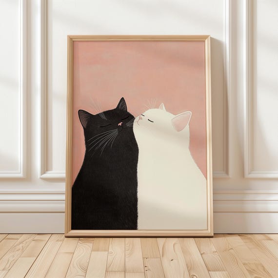 猫のカップルのアートプリント、白黒、ロマンチックなイラスト