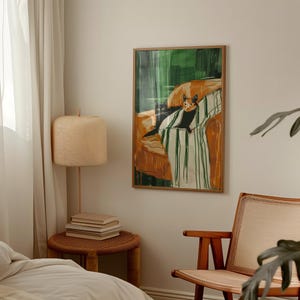 Sleeping Cats Large Wall Art Contemporary Art Minimalist Print Living Room Dark Green Wall Decor Stripe Kittens Printable Digital Download