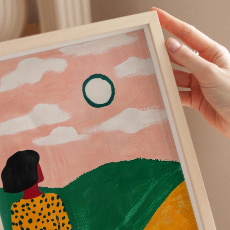 Colorful sunset landscape art print, modern abstract woman illustration, pink sky and green hills, polka dot and stripes outfit, nature-inspired decor