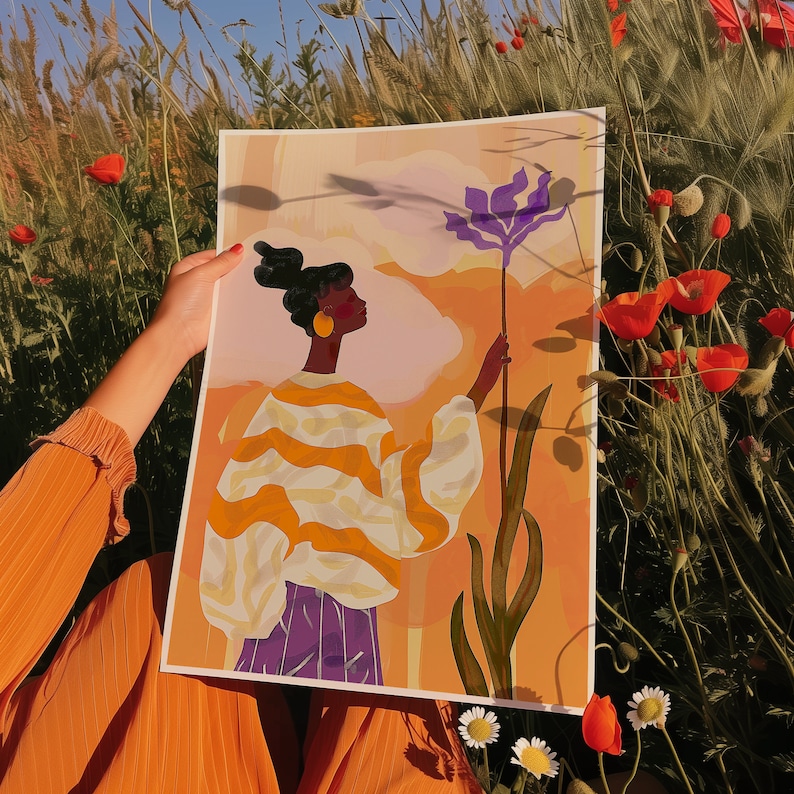Orange Purple Abstract People Art, Wall Decor Mid Century Art, Minimalist Print Modern, Abstract Art Living Room, Female Figure Wall Decor
