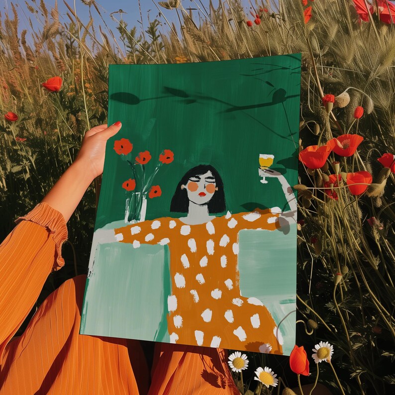 Woman in orange polka dot dress, holding wine glass, modern feminine print, bold green background, floral wall art, digital download, poster