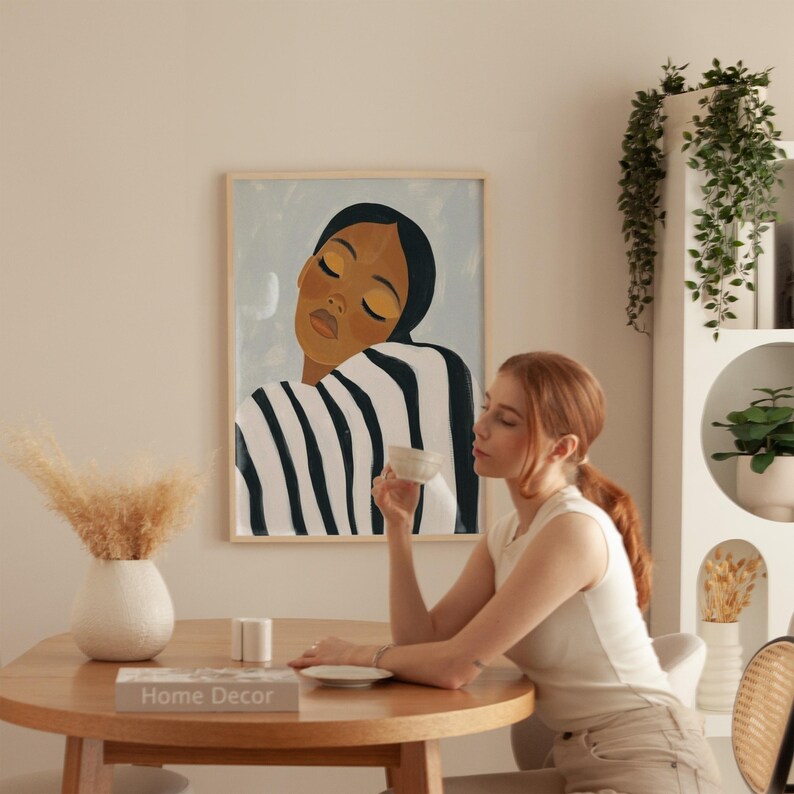 Abstract Woman Art Print: Black and White Stripes, Minimalist Portrait ...