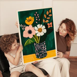 カラフルな花の壁アート、鮮やかな花束のプリント、抽象的な植物画、モダンな自然のイラスト、大胆な室内装飾、自然アート