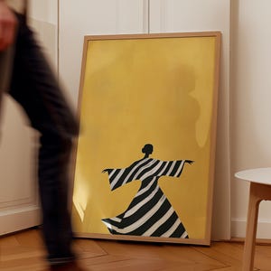 Minimalist Woman Art Print: Yellow, Black & White Stripes (digital ...