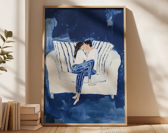 Abstracte kunstprint van een stel: minimalistische blauwe woonkamerdecoratie (digitale download)