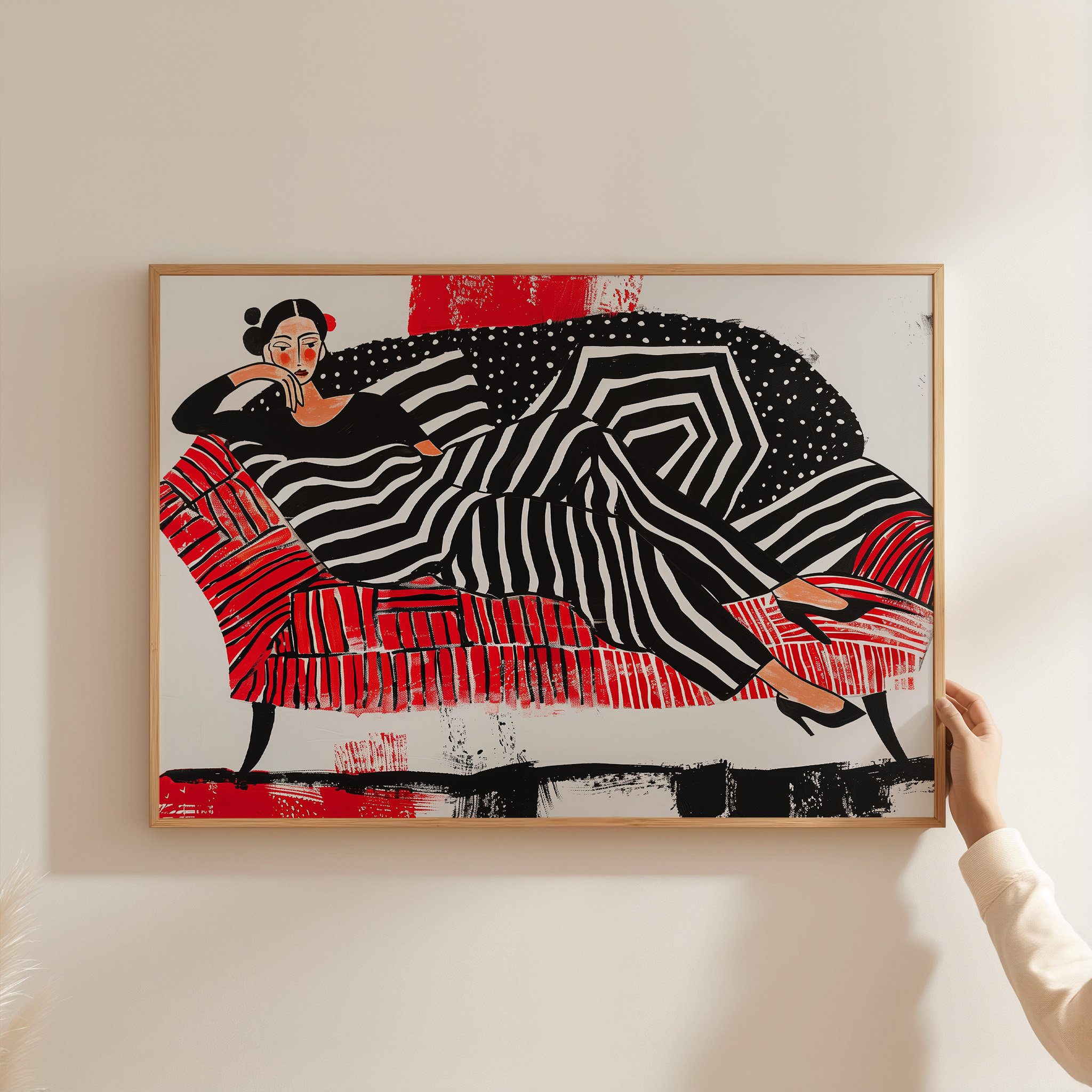 Abstract Woman Art Print: Bold Red Sofa, Black & White (Instant Download)