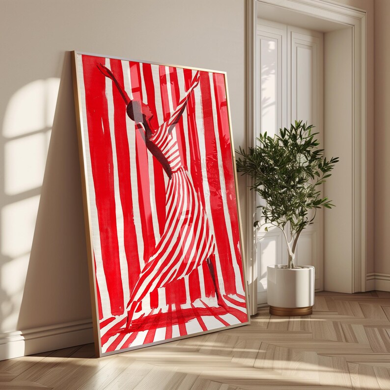 Dancer Red Abstract People Large Wall Art Contemporary Artwork Minimalist Print Dance Studio Wall Art Stripe Woman Print Digital Download