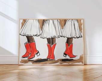 May include: A painting of three figures wearing white skirts and red cowboy boots. The figures are standing in a line and their legs are crossed. The painting is done in a loose, gestural style.