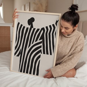 Decorazione da parete artistica con persone astratte, stampa minimalista di metà secolo, arte figurativa moderna, poster da soggiorno, decorazione da parete con donna a strisce bianche e nere