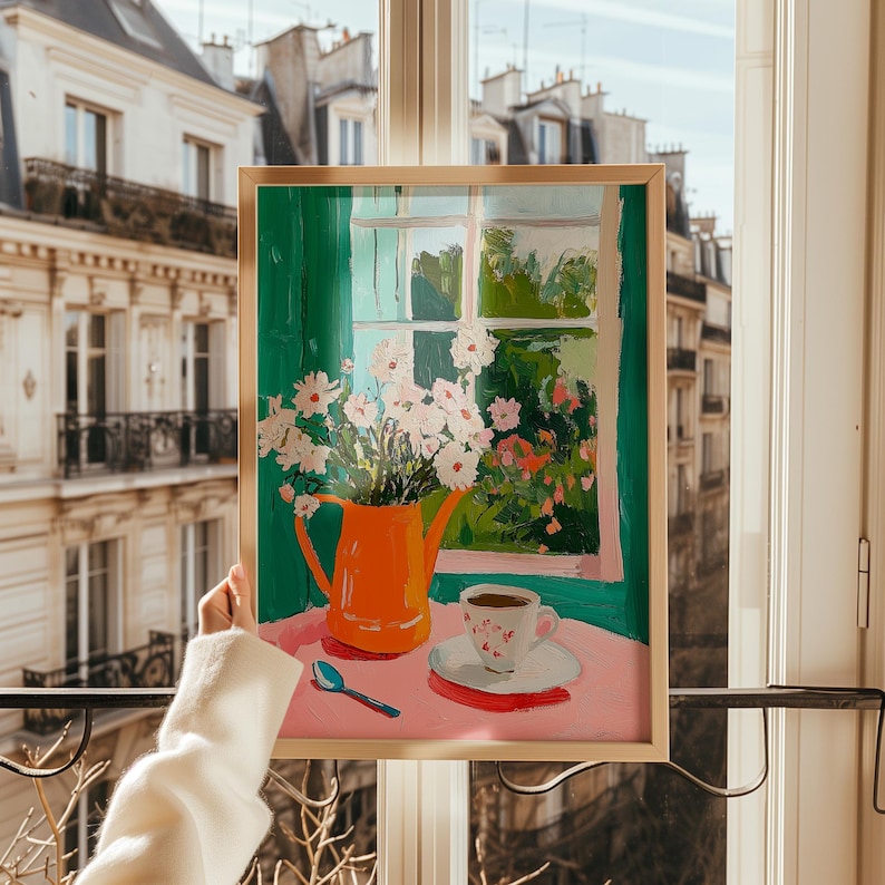 Floral still life painting, coffee cup and flowers, bright colorful window view art print, kitchen wall decor, cozy cottage style, flower print