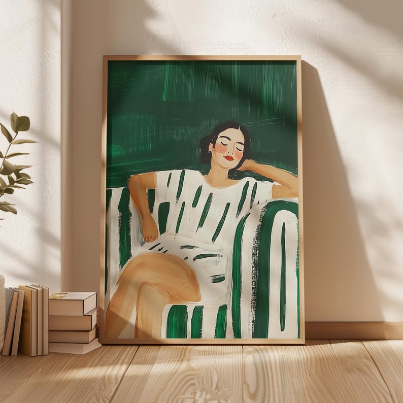 Relaxing woman art print, green and white minimalist portrait, modern figurative wall art, abstract lounging decor, digital home artwork