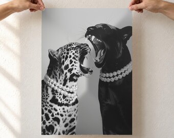 Leopard and Black Panther Print, Wild Cats in Pearl Necklaces, Black and White Fashion Animal Poster, Unframed Matte Poster