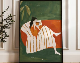 May include: A painting of a person sitting on a striped couch with a cup of tea in their hand. The background is a green and orange color.