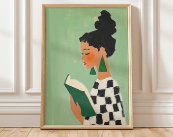 Stampa artistica "Donna che legge" color verde salvia: illustrazione minimalista di un libro (download digitale)