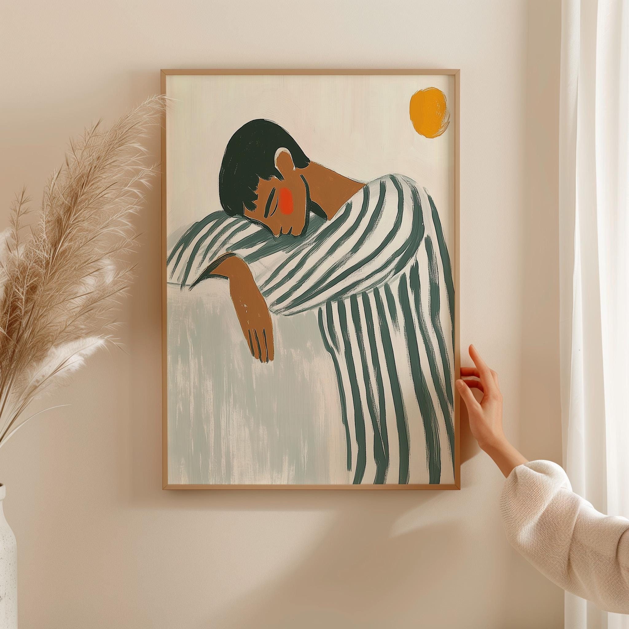 Abstract striped figure art, contemplative minimalist portrait, modern warm-toned wall decor, relaxing home illustration, calming art print