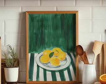 May include: A framed painting of lemons on a white plate with a green and white striped background. The lemons are yellow and have green leaves.