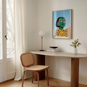 Bold abstract face art print, colorful portrait, modern street art, vibrant green figure, geometric urban decor, pop art inspired
