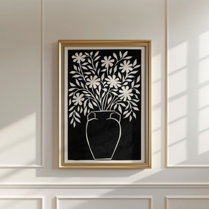 Flower Vase B&W Printable Art, Neutral Black White Wall Art, Abstract Botanical Poster, Floral Illustration Botanical Print Digital Download