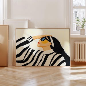 Stylish Woman Art Print: Black and White Stripes, Sunglasses (Digital Download)