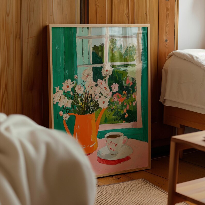 Floral still life painting, coffee cup and flowers, bright colorful window view art print, kitchen wall decor, cozy cottage style, flower print