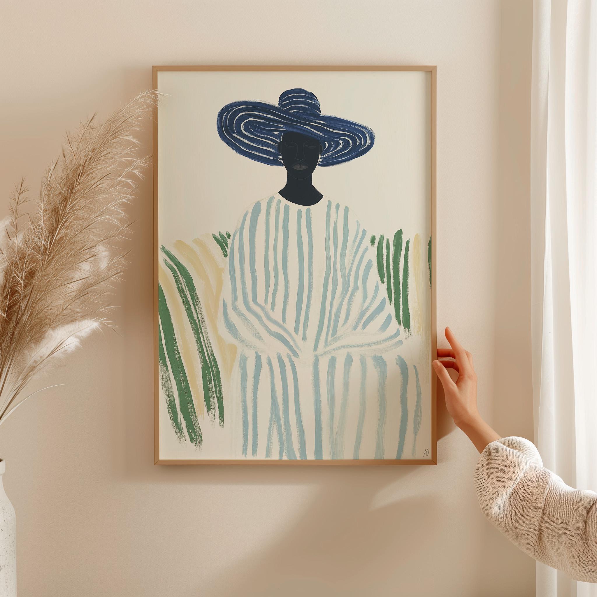 抽象的な女性のポートレートプリント：ボヘミアンストライプドレス