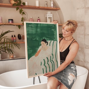 Emerald Green Abstract People Large Wall Art Contemporary Artwork Minimalist Print Living Room Wall Art Stripe Woman Print Digital Download