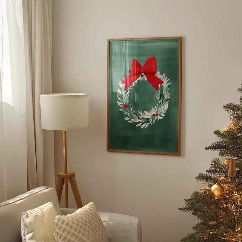 Christmas Wreath Print Red Bow Holiday Wall Art Digital Download Etsy