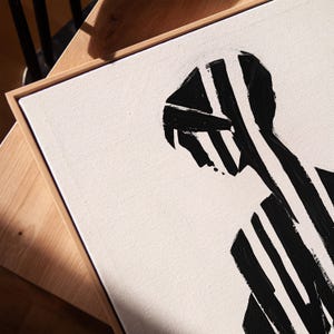 Minimalist female silhouette print, black and white abstract woman art, modern feminine line wall decor, bold striped body artwork