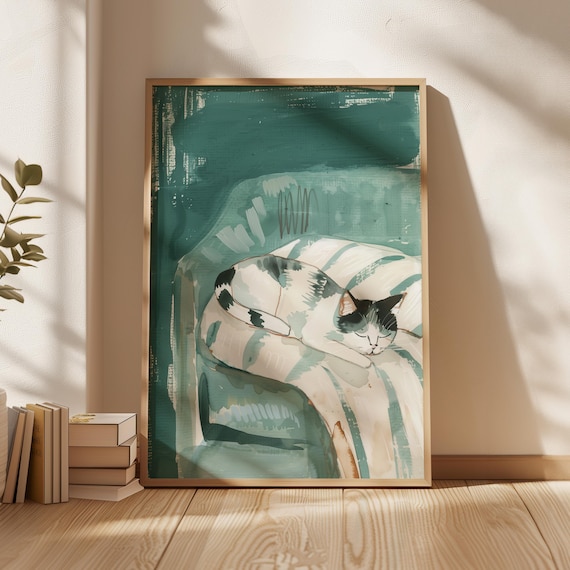 Sleeping Cat Art Print: Minimalist Dark Green Wall Decor (Digital Download)