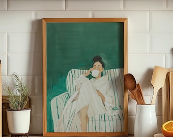 Emerald Green Abstract People Large Wall Art Contemporary Artwork Minimalist Print Coffee Lover Wall Art Stripe Woman Print Digital Download