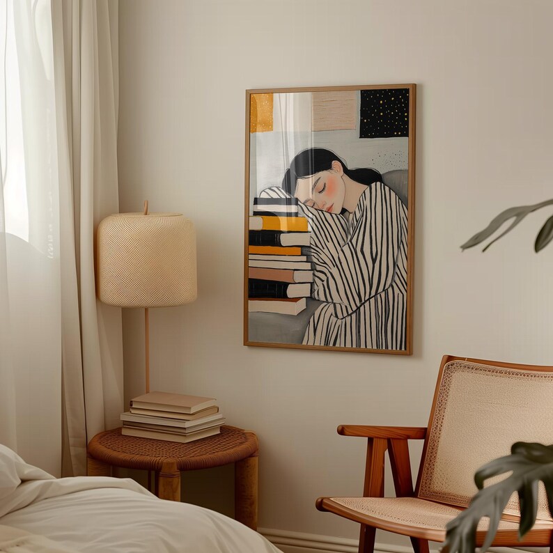 Sleepy girl with books illustration, cozy reading art print, minimalistic decor, striped design, peaceful study room decor, modern wall art