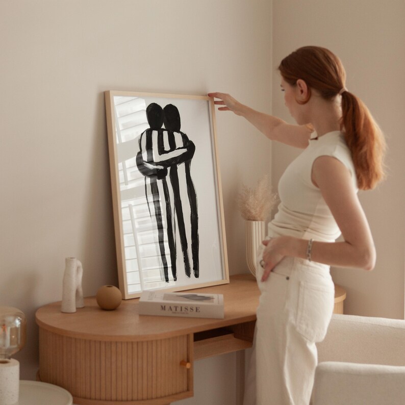Abstract Hugging Figures Art Print, Black and White Minimalist Wall Art