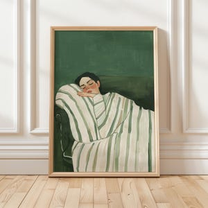 Emerald Green Abstract People Large Wall Art Contemporary Artwork Minimalist Print Living Room Wall Art Stripe Woman Print Digital Download