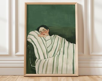 Emerald Green Abstract People Large Wall Art Contemporary Artwork Minimalist Print Living Room Wall Art Stripe Woman Print Digital Download