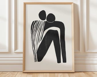 Lámina artística "Abrazo abstracto": Pareja minimalista en blanco y negro (Descarga digital)