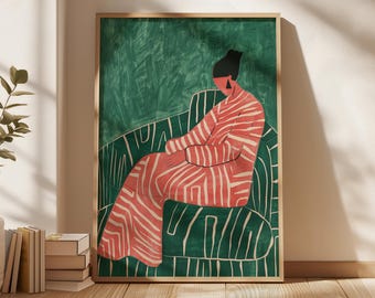 May include: A digital illustration of a person sitting on a patterned couch. The person is wearing a red and white striped dress and has black hair. The background is a green color.