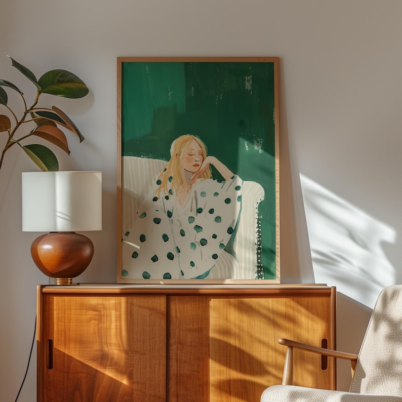 Emerald Green Abstract People Large Wall Art Contemporary Art Minimalist Print Living Room Wall Art Polka Dot Woman Print Digital Download